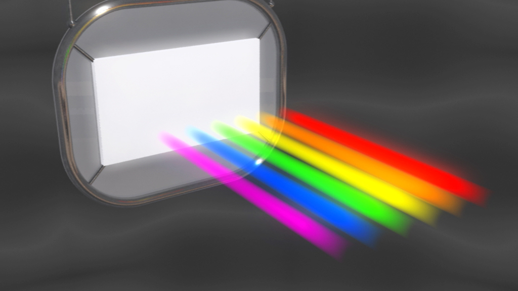 Ein Prisma, das Licht in Regenbogenfarben zerlegt, mit farbigen Strahlen, die aus einer weißen Lichtquelle herausstrahlen.
