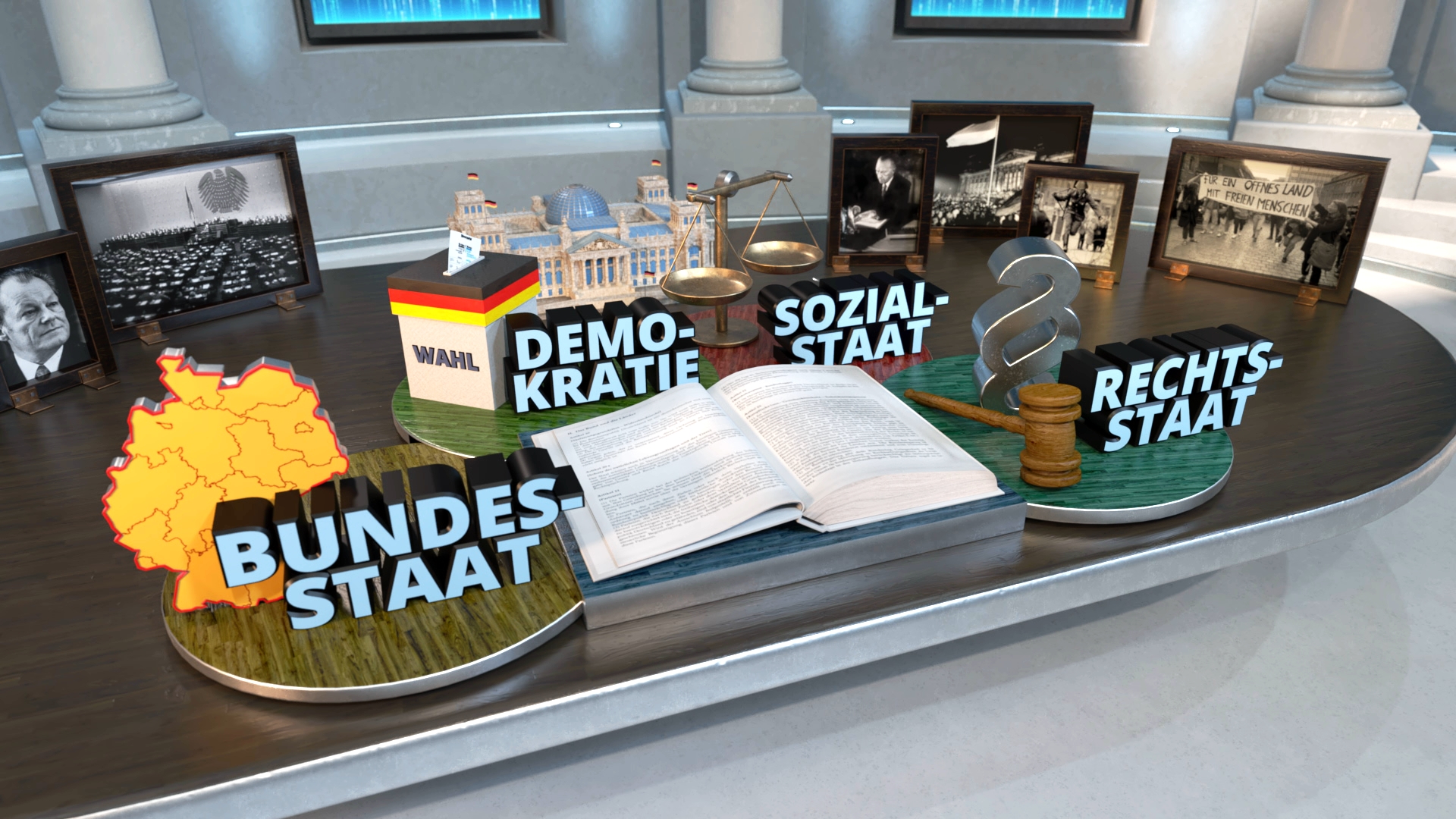 Modell mit Deutschlandkarte, Wahlurne, Bundeskanzleramt, Waage, Paragraphenzeichen, Richterhammer und offenem Buch, beschriftet mit Bundesstaat, Demokratie, Sozialstaat und Rechtsstaat