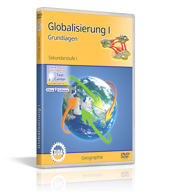 Globalisierung I - Grundlagen DVD-Cover für 'Globalisierung I: Grundlagen', zeigt eine Weltkugel mit Pfeilen, die globale Verbindungen symbolisieren.