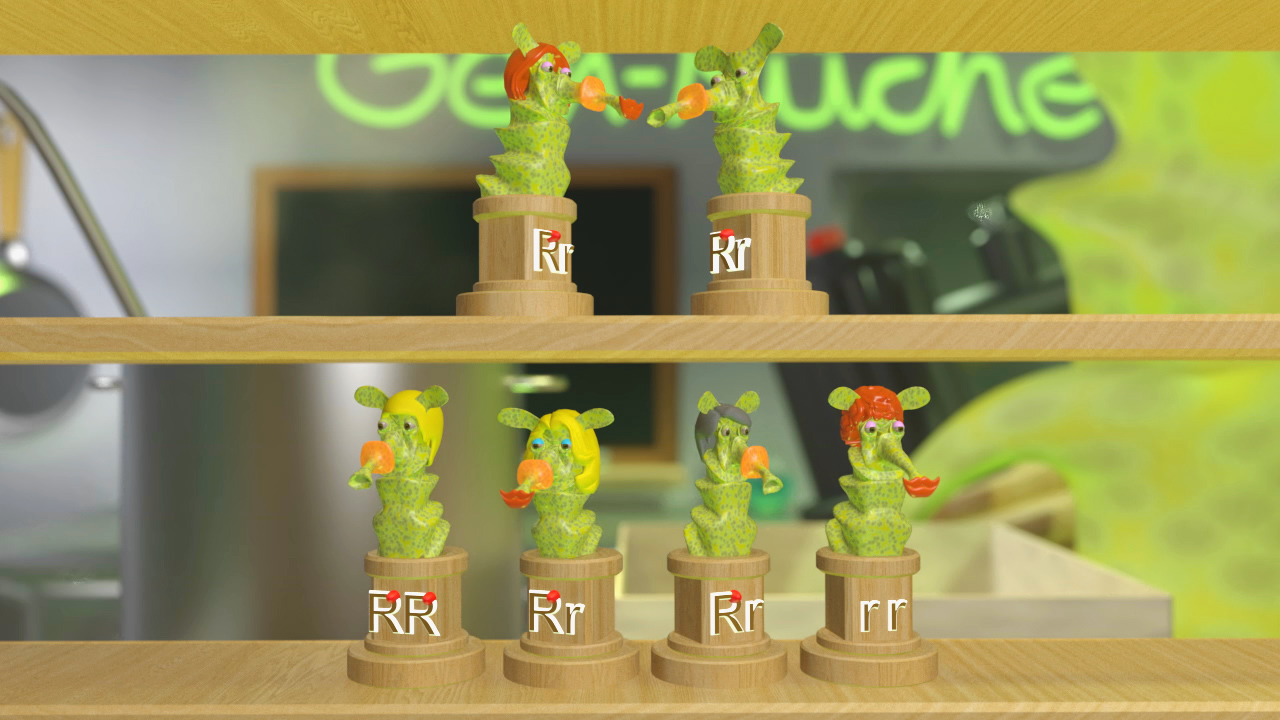 Sechs grüne Figuren in Blumentöpfen, die orangefarbene Früchte halten, auf einem Regal.