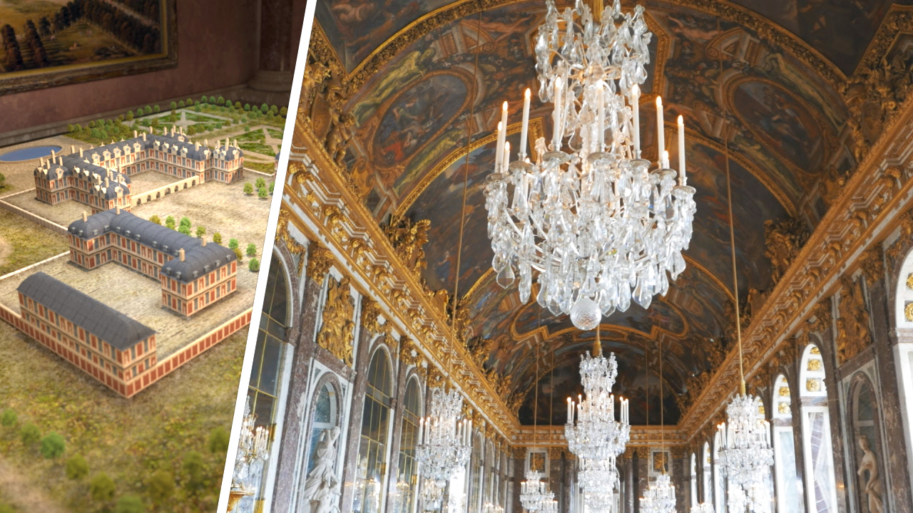 Modell des Schlosses Versailles und Innenansicht mit einem großen Kristalllüster.