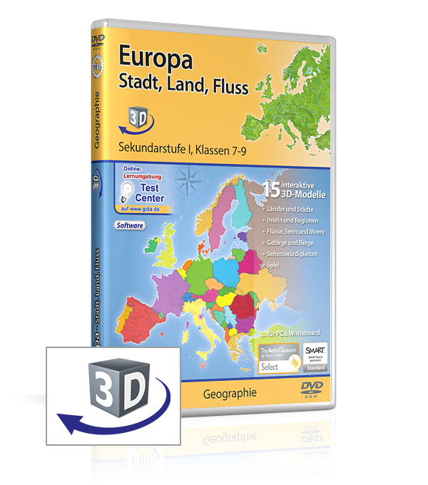 Europa - Stadt, Land, Fluss DVD-Software 'Europa Stadt, Land, Fluss' für Sekundarstufe I mit interaktiven 3D-Modellen von Europa.