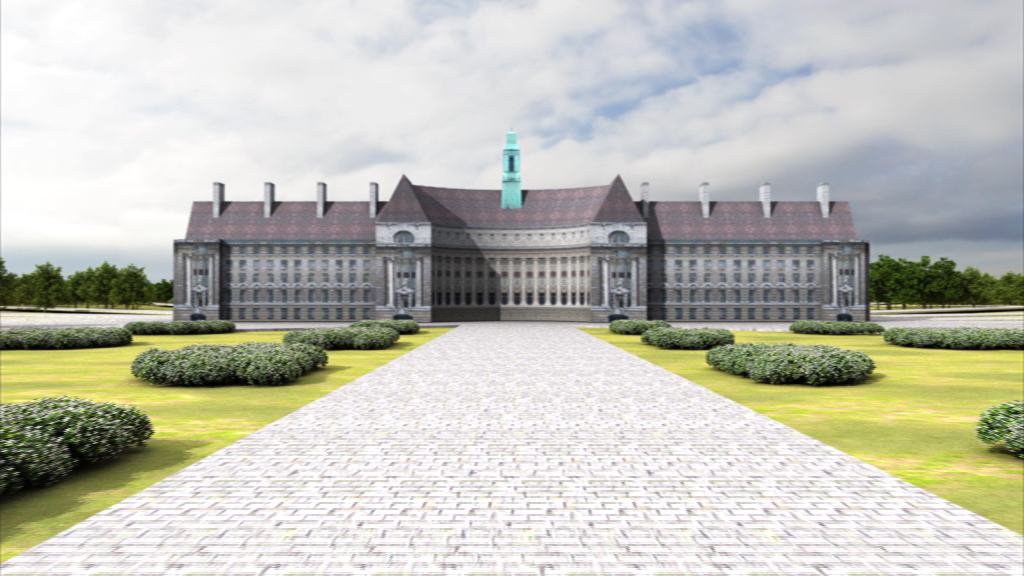 Historisches Gebäude mit einer großen Fassade, umgeben von Rasenflächen und Büschen, unter einem bewölkten Himmel.